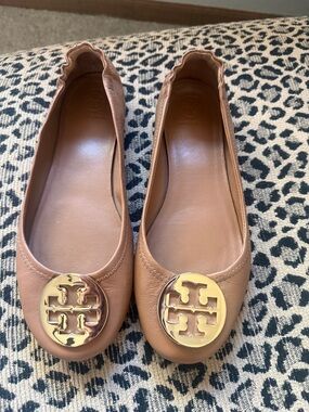 Tory Burch Tan Leather Logo Ballet Flats with Gold Medallions